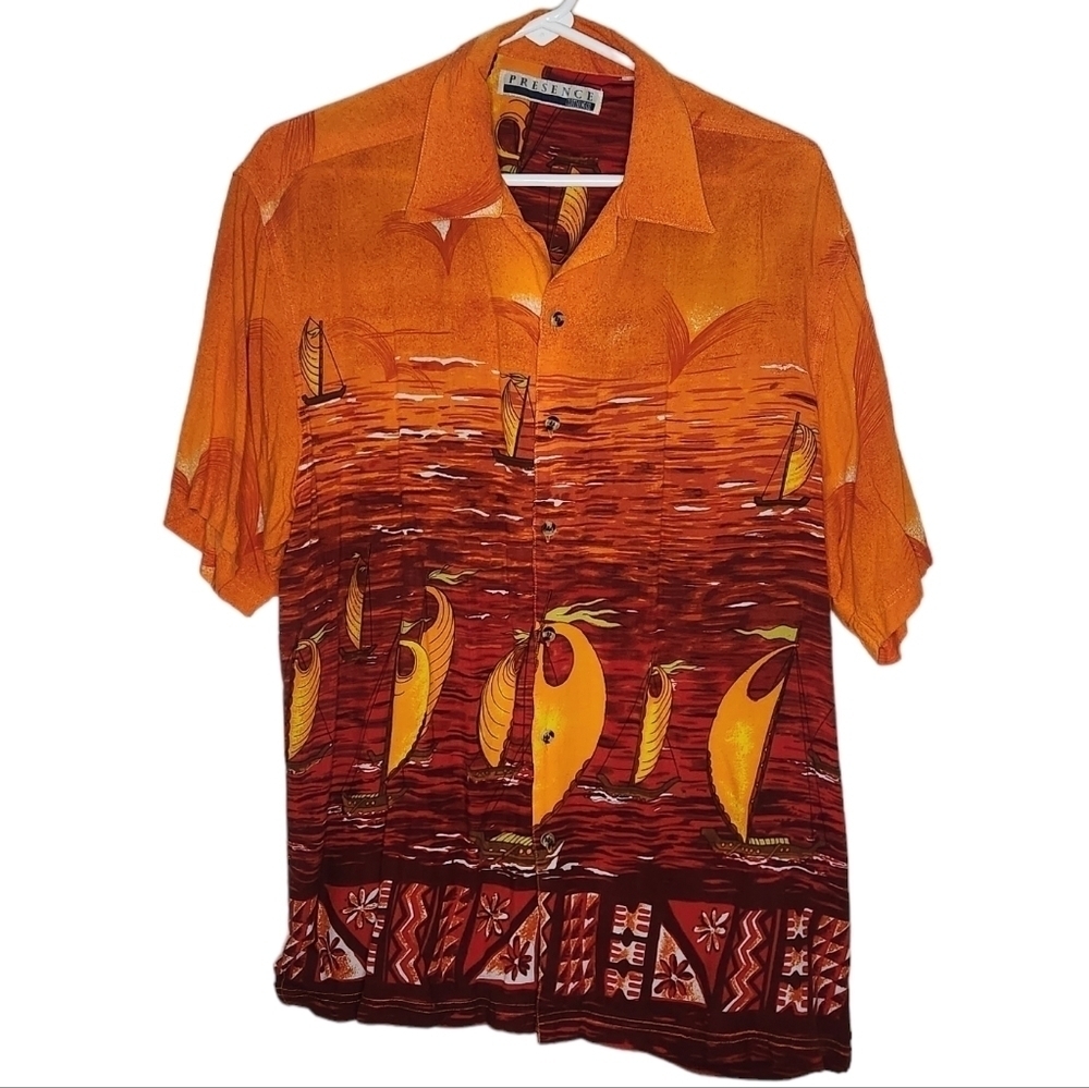 Vintage Presence Sailboat Graphic Button Up Shortsleeved Size Large